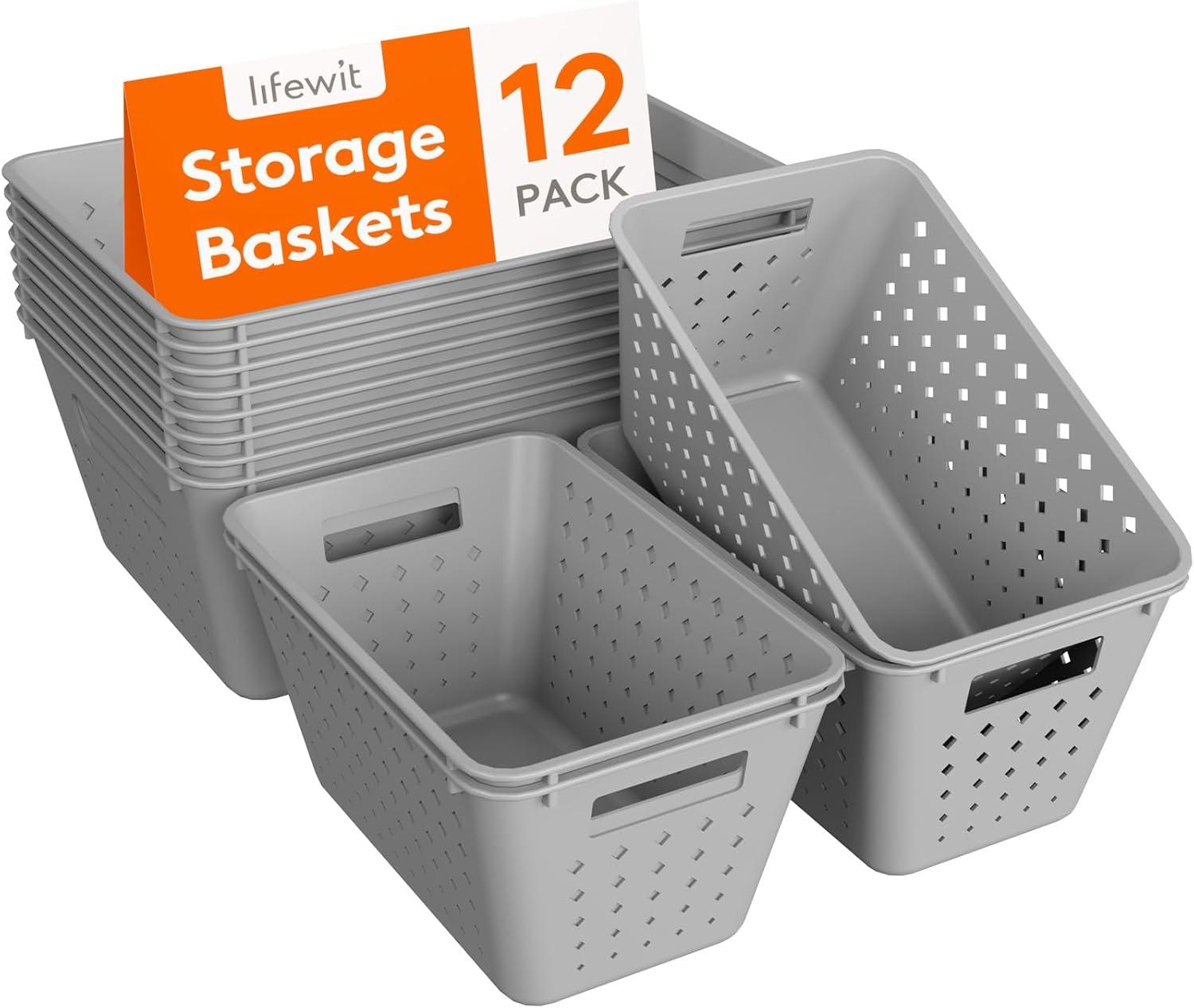 image:imageLifewit Plastic Storage Basket 7 Pack Stackable Storage Bins for Organizing Multi Size Open Containers for Shelving Pantry Office and Cabinet 5 Large and 2 Small Size BlackGray