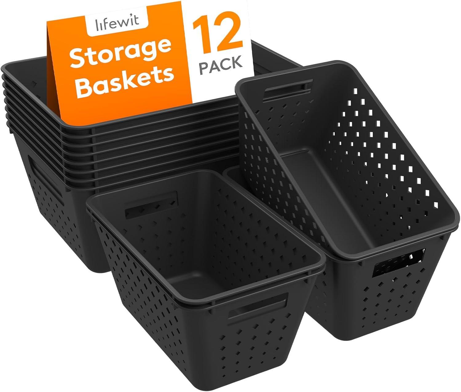 image:imageLifewit Plastic Storage Basket 7 Pack Stackable Storage Bins for Organizing Multi Size Open Containers for Shelving Pantry Office and Cabinet 5 Large and 2 Small Size BlackBlack