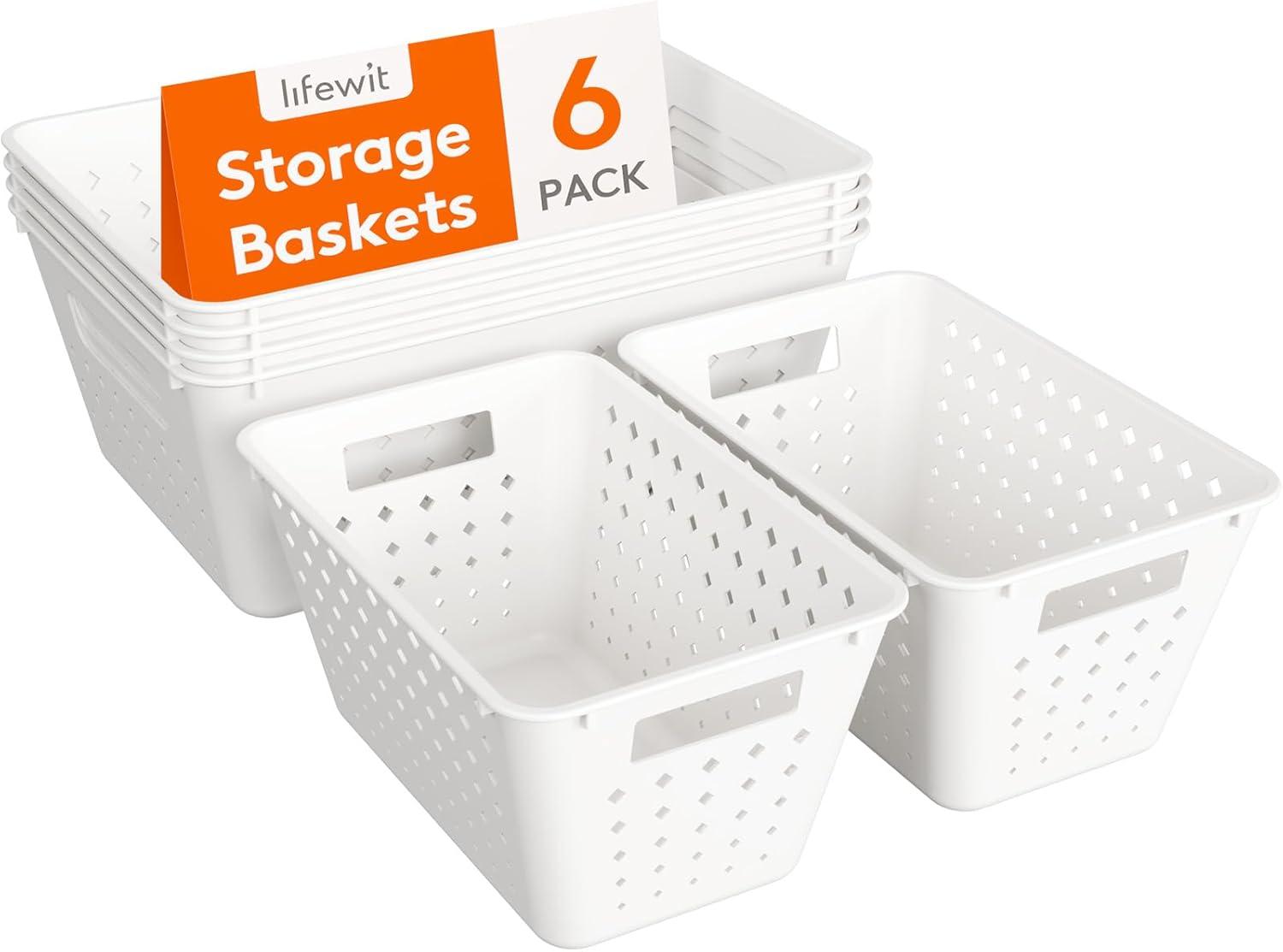 image:imageLifewit Plastic Storage Basket 7 Pack Stackable Storage Bins for Organizing Multi Size Open Containers for Shelving Pantry Office and Cabinet 5 Large and 2 Small Size BlackWhite