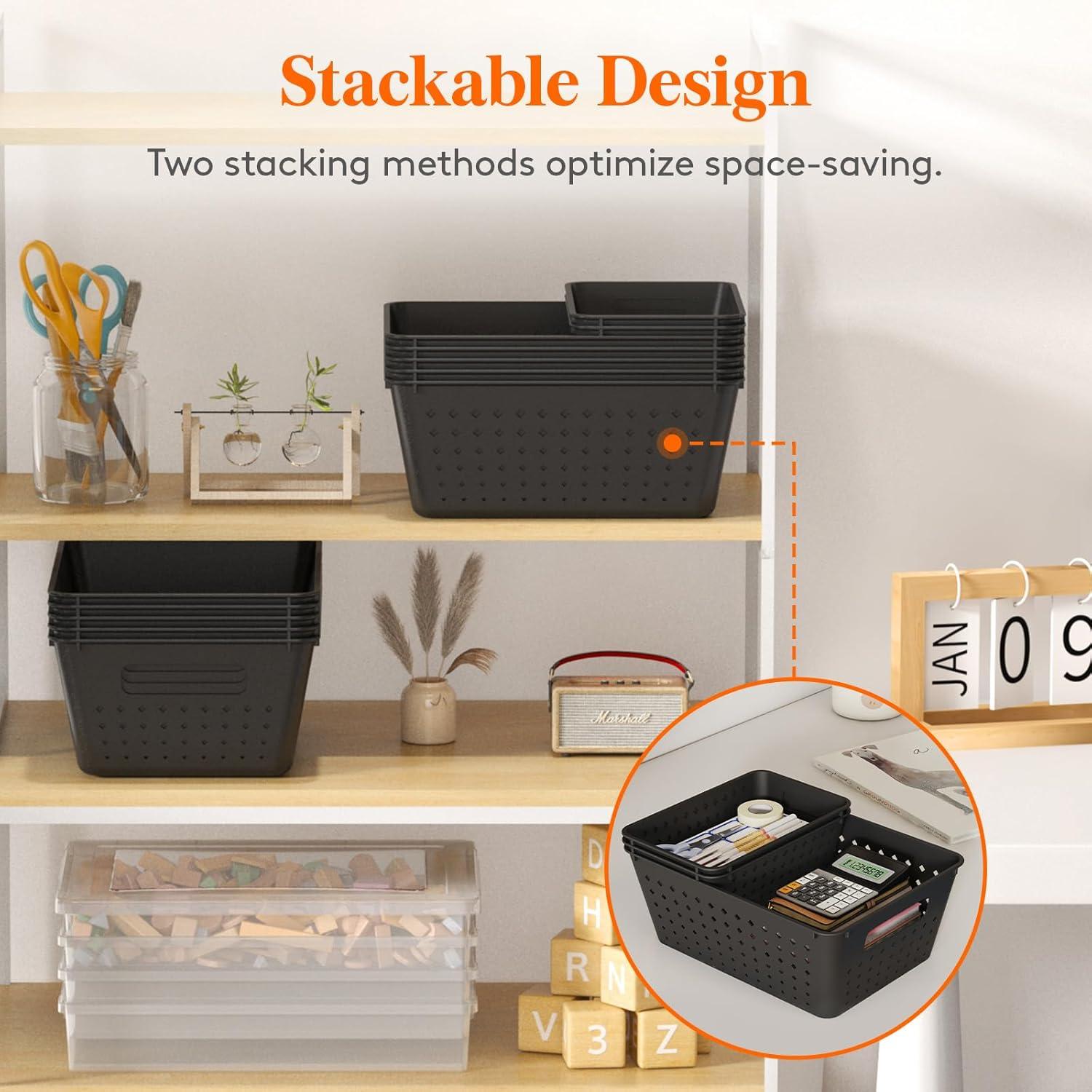 image:imageLifewit Plastic Storage Basket 7 Pack Stackable Storage Bins for Organizing Multi Size Open Containers for Shelving Pantry Office and Cabinet 5 Large and 2 Small Size BlackBlack