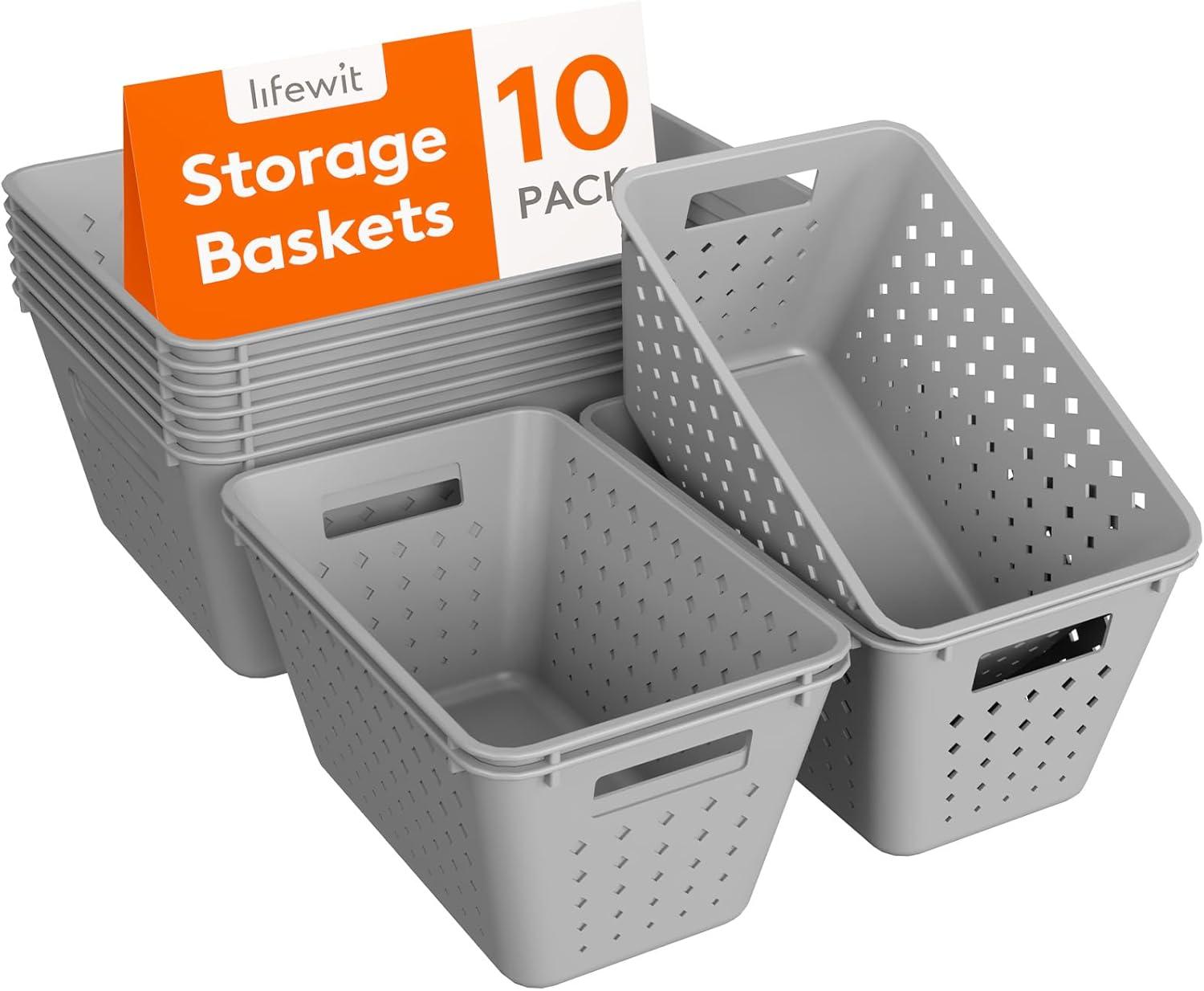 image:imageLifewit Plastic Storage Basket 7 Pack Stackable Storage Bins for Organizing Multi Size Open Containers for Shelving Pantry Office and Cabinet 5 Large and 2 Small Size BlackGray