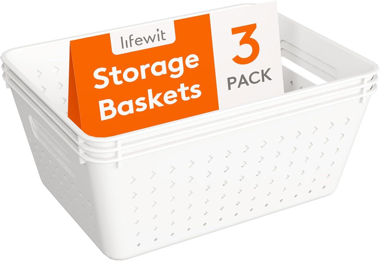 image:imageLifewit Plastic Storage Basket 7 Pack Stackable Storage Bins for Organizing Multi Size Open Containers for Shelving Pantry Office and Cabinet 5 Large and 2 Small Size BlackWhite
