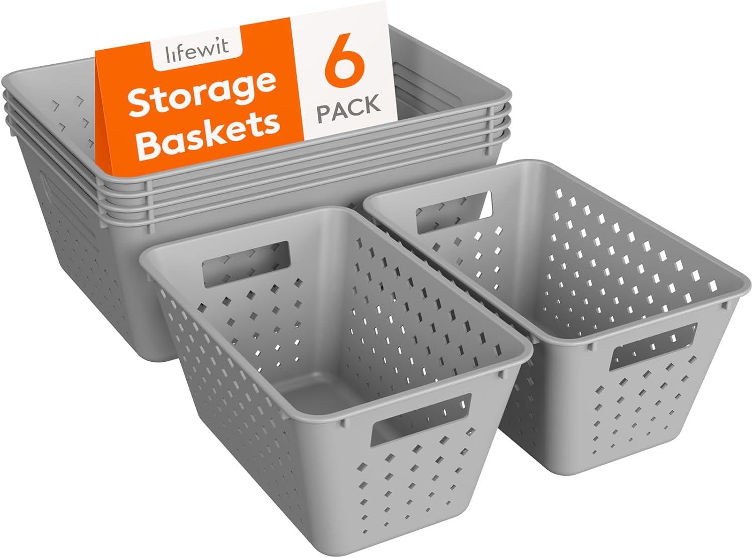 image:imageLifewit Plastic Storage Basket 7 Pack Stackable Storage Bins for Organizing Multi Size Open Containers for Shelving Pantry Office and Cabinet 5 Large and 2 Small Size BlackGray