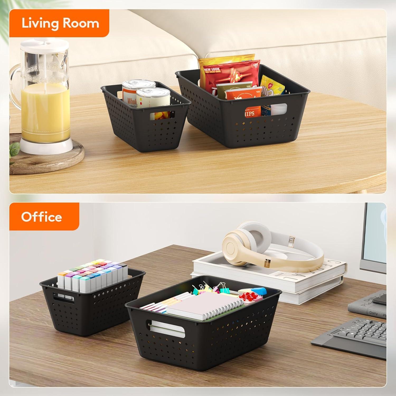 image:imageLifewit Plastic Storage Basket 7 Pack Stackable Storage Bins for Organizing Multi Size Open Containers for Shelving Pantry Office and Cabinet 5 Large and 2 Small Size BlackBlack