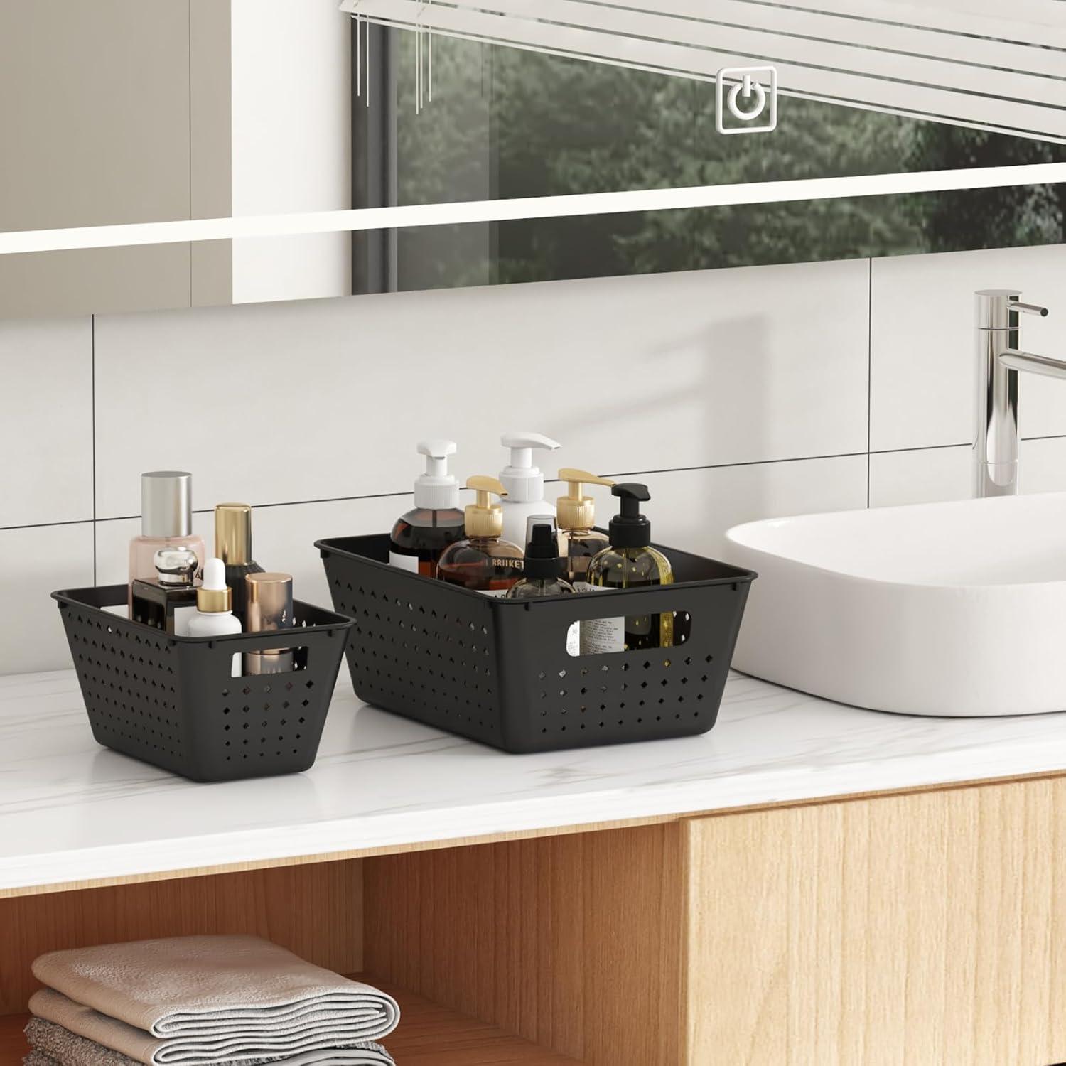 image:imageLifewit Plastic Storage Basket 7 Pack Stackable Storage Bins for Organizing Multi Size Open Containers for Shelving Pantry Office and Cabinet 5 Large and 2 Small Size BlackBlack