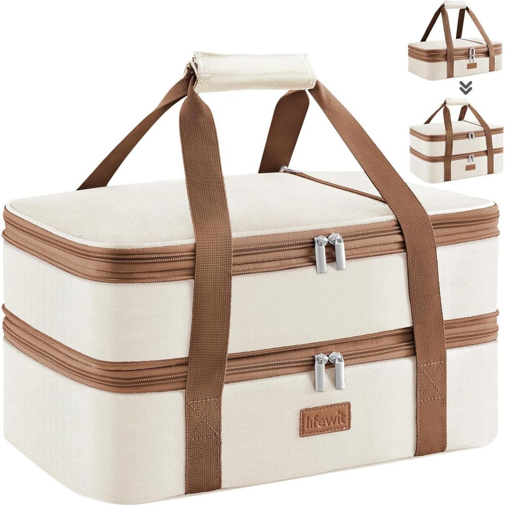 image:imageLifewit Insulated Double Decker Casserole Carrier Expandable Lasagna Lugger Tote Bag for Hot or Cold Food Fits 9 x 13 Baking Dish for Potluck Parties Picnic and Cookouts GreyCream