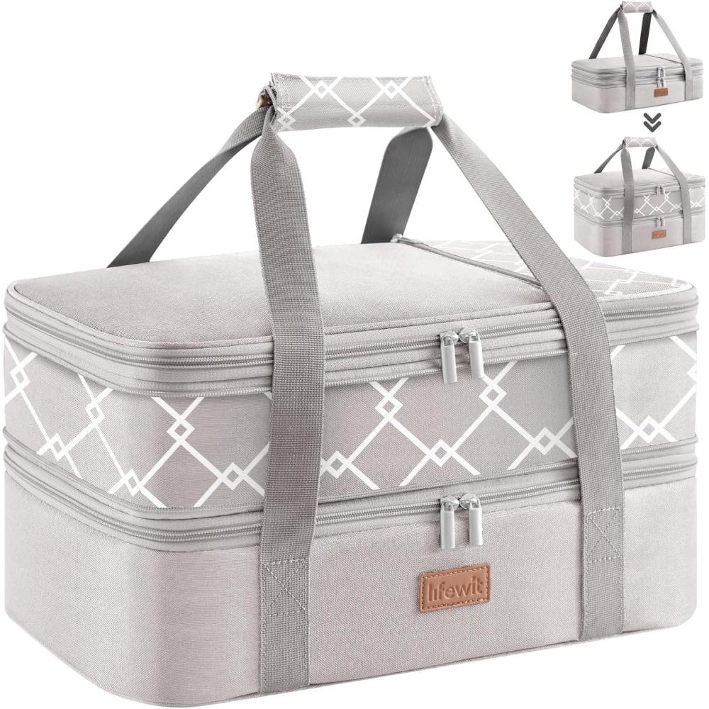 image:imageLifewit Insulated Double Decker Casserole Carrier Expandable Lasagna Lugger Tote Bag for Hot or Cold Food Fits 9 x 13 Baking Dish for Potluck Parties Picnic and Cookouts GreyGreygeometric