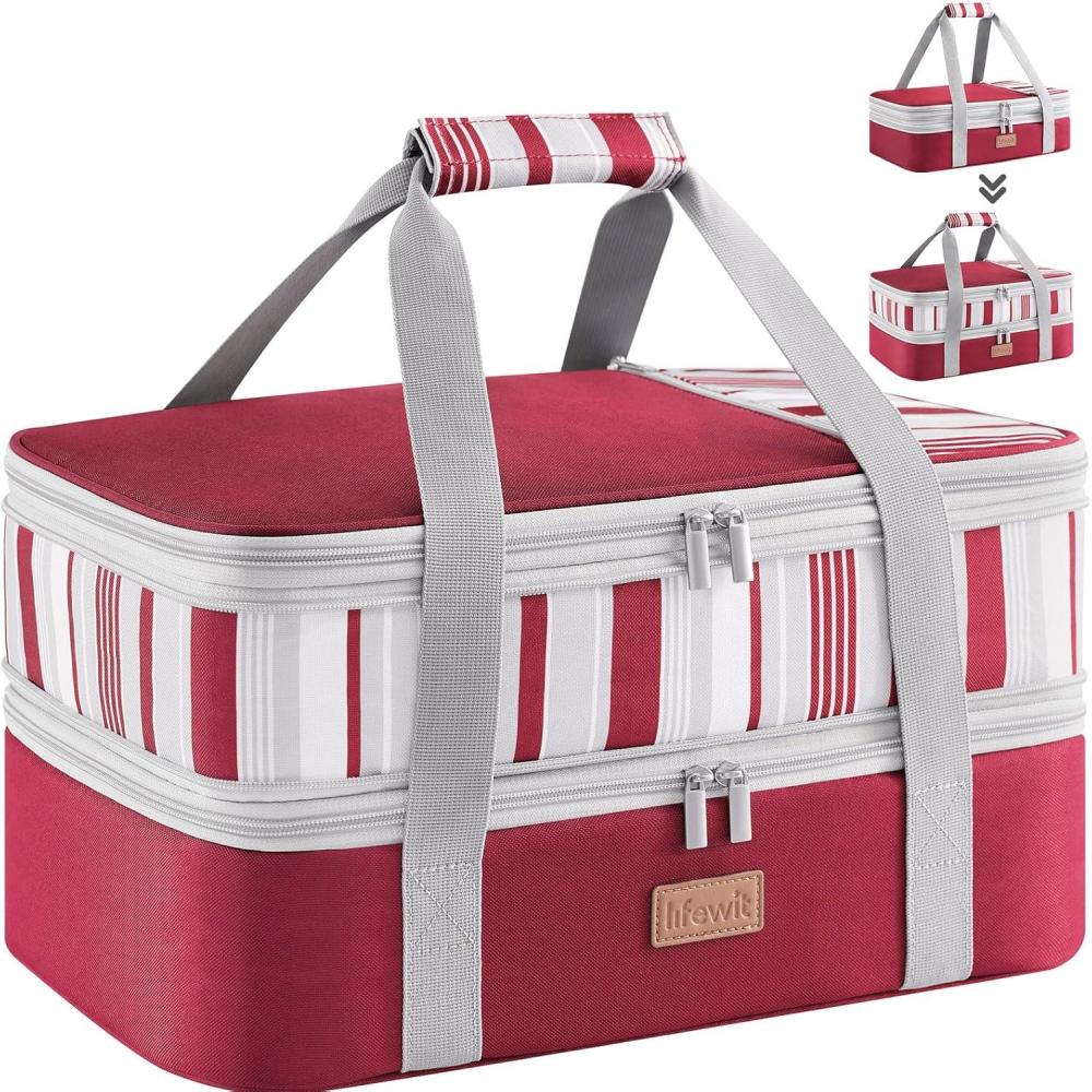 image:imageLifewit Insulated Double Decker Casserole Carrier Expandable Lasagna Lugger Tote Bag for Hot or Cold Food Fits 9 x 13 Baking Dish for Potluck Parties Picnic and Cookouts GreyRed