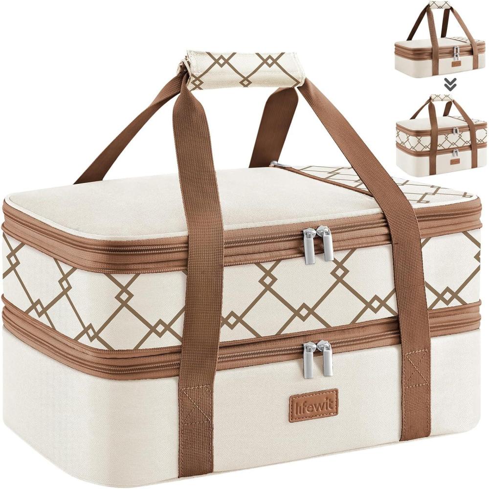 image:imageLifewit Insulated Double Decker Casserole Carrier Expandable Lasagna Lugger Tote Bag for Hot or Cold Food Fits 9 x 13 Baking Dish for Potluck Parties Picnic and Cookouts GreyCreamgeometric