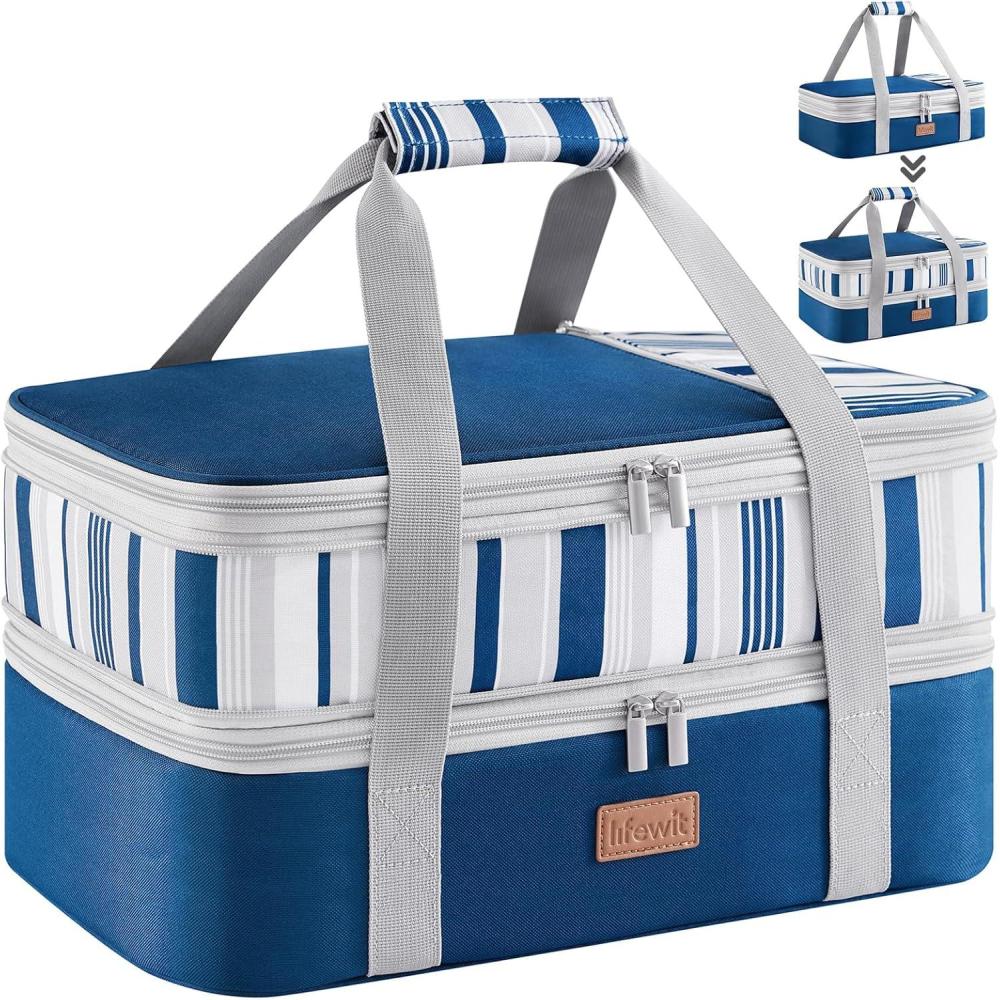 image:imageLifewit Insulated Double Decker Casserole Carrier Expandable Lasagna Lugger Tote Bag for Hot or Cold Food Fits 9 x 13 Baking Dish for Potluck Parties Picnic and Cookouts GreyBlue