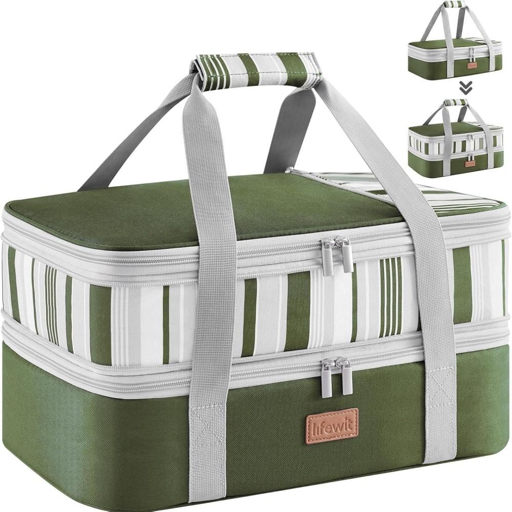 image:imageLifewit Insulated Double Decker Casserole Carrier Expandable Lasagna Lugger Tote Bag for Hot or Cold Food Fits 9 x 13 Baking Dish for Potluck Parties Picnic and Cookouts GreyDark Green