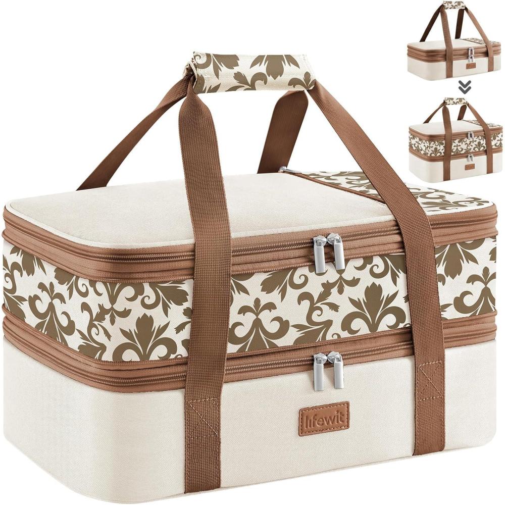 image:imageLifewit Insulated Double Decker Casserole Carrier Expandable Lasagna Lugger Tote Bag for Hot or Cold Food Fits 9 x 13 Baking Dish for Potluck Parties Picnic and Cookouts GreyCreamflowers