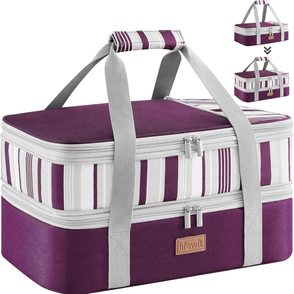 image:imageLifewit Insulated Double Decker Casserole Carrier Expandable Lasagna Lugger Tote Bag for Hot or Cold Food Fits 9 x 13 Baking Dish for Potluck Parties Picnic and Cookouts GreyPurple