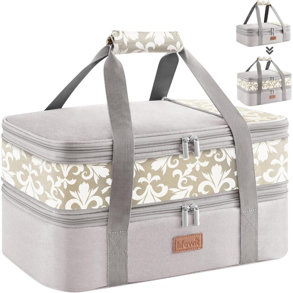 image:imageLifewit Insulated Double Decker Casserole Carrier Expandable Lasagna Lugger Tote Bag for Hot or Cold Food Fits 9 x 13 Baking Dish for Potluck Parties Picnic and Cookouts GreyGreyFlowers