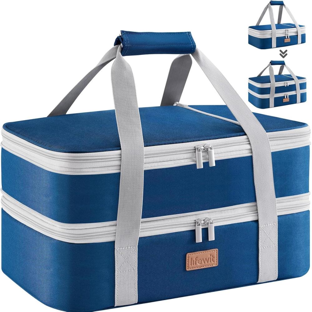 image:imageLifewit Insulated Double Decker Casserole Carrier Expandable Lasagna Lugger Tote Bag for Hot or Cold Food Fits 9 x 13 Baking Dish for Potluck Parties Picnic and Cookouts GreyPure Blue