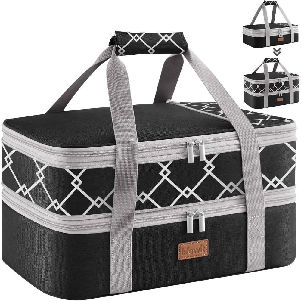 image:imageLifewit Insulated Double Decker Casserole Carrier Expandable Lasagna Lugger Tote Bag for Hot or Cold Food Fits 9 x 13 Baking Dish for Potluck Parties Picnic and Cookouts GreyBlackGeometric