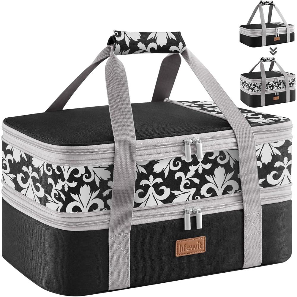image:imageLifewit Insulated Double Decker Casserole Carrier Expandable Lasagna Lugger Tote Bag for Hot or Cold Food Fits 9 x 13 Baking Dish for Potluck Parties Picnic and Cookouts GreyBlackFlowers