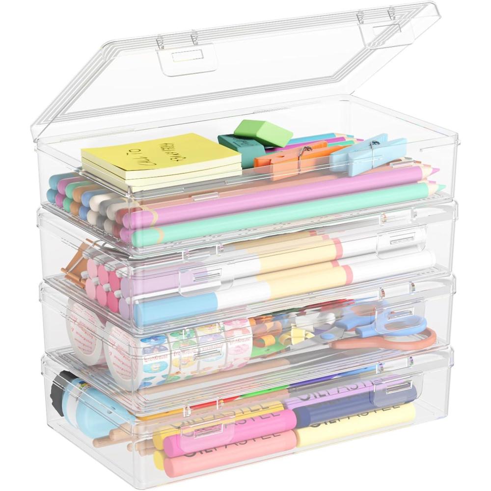 image:imageLifewit Plastic Pencil Box with Snaptight Lid Large Capacity Hard Pencil Case Craft organizer for Art SupplyOffice 4 Pack4