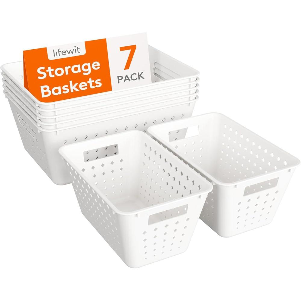 image:imageLifewit Plastic Storage Basket 7 Pack Stackable Storage Bins for Organizing Multi Size Open Containers for Shelving Pantry Office and Cabinet 5 Large and 2 Small Size BlackWhite