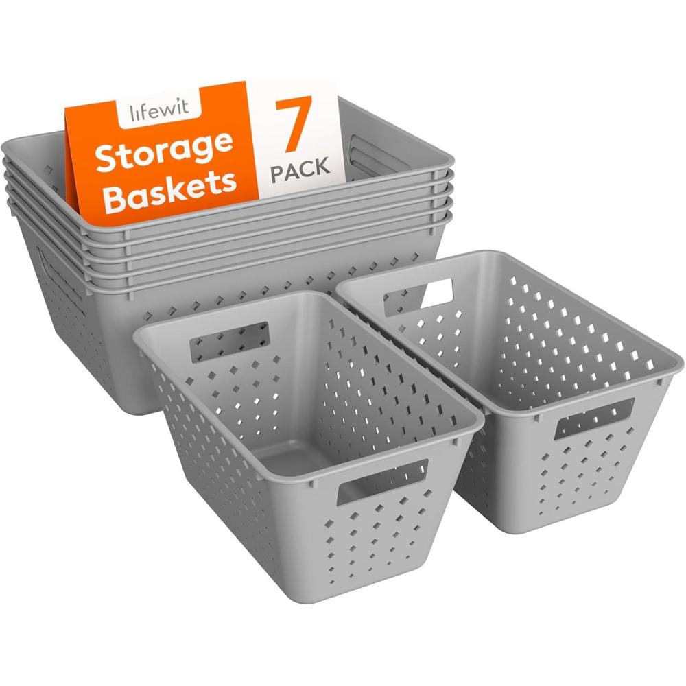 image:imageLifewit Plastic Storage Basket 7 Pack Stackable Storage Bins for Organizing Multi Size Open Containers for Shelving Pantry Office and Cabinet 5 Large and 2 Small Size BlackGray