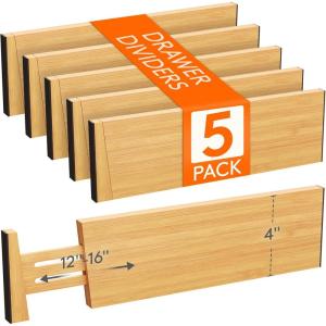 Lifewit 6 Pack 6″ Deep Bamboo Drawer Dividers, 17.5-22″ Expandable Drawer Organisers for Clothes, Adjustable Dresser Drawer Divider, Clothing Drawers Separators for Dresser, Bedroom, Bathroom, Office(5)