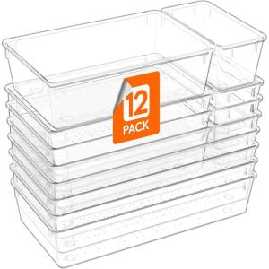 Lifewit 6 Pcs Large Bathroom Drawer Organizers, 3 Sizes Clear Plastic Storage Organizer Trays for Make Up, Kitchen Utensils, Vanity Accessories in Bathroom/Office/Dresser Organization(12)