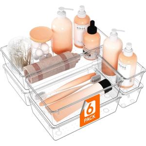 Lifewit 6 Pcs Large Bathroom Drawer Organizers, 3 Sizes Clear Plastic Storage Organizer Trays for Make Up, Kitchen Utensils, Vanity Accessories in Bathroom/Office/Dresser Organization(6)