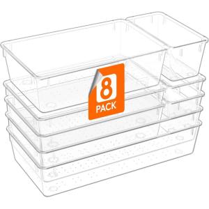 Lifewit 6 Pcs Large Bathroom Drawer Organizers, 3 Sizes Clear Plastic Storage Organizer Trays for Make Up, Kitchen Utensils, Vanity Accessories in Bathroom/Office/Dresser Organization(8)