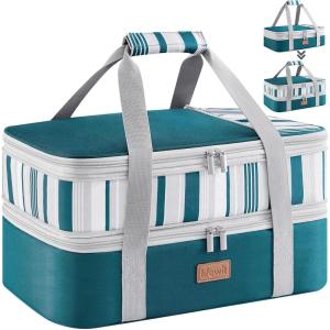 Lifewit Insulated Double Decker Casserole Carrier, Expandable Lasagna Lugger Tote Bag for Hot or Cold Food, Fits 9″ x 13″ Baking Dish for Potluck Parties, Picnic and Cookouts, Grey(Green)