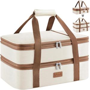 Lifewit Insulated Double Decker Casserole Carrier, Expandable Lasagna Lugger Tote Bag for Hot or Cold Food, Fits 9″ x 13″ Baking Dish for Potluck Parties, Picnic and Cookouts, Grey(Cream)
