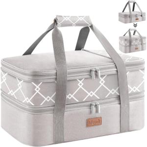 Lifewit Insulated Double Decker Casserole Carrier, Expandable Lasagna Lugger Tote Bag for Hot or Cold Food, Fits 9″ x 13″ Baking Dish for Potluck Parties, Picnic and Cookouts, Grey(Grey-geometric)