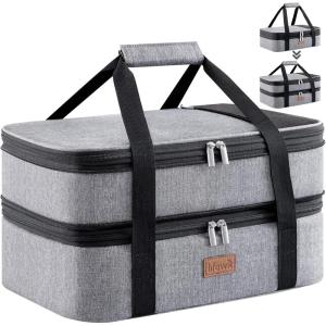 Lifewit Insulated Double Decker Casserole Carrier, Expandable Lasagna Lugger Tote Bag for Hot or Cold Food, Fits 9″ x 13″ Baking Dish for Potluck Parties, Picnic and Cookouts, Grey(Gray)