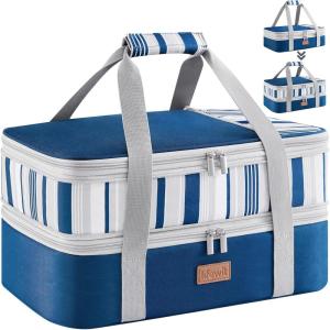 Lifewit Insulated Double Decker Casserole Carrier, Expandable Lasagna Lugger Tote Bag for Hot or Cold Food, Fits 9″ x 13″ Baking Dish for Potluck Parties, Picnic and Cookouts, Grey(Blue)
