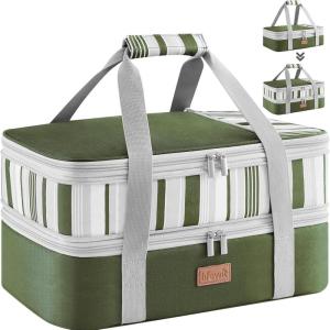 Lifewit Insulated Double Decker Casserole Carrier, Expandable Lasagna Lugger Tote Bag for Hot or Cold Food, Fits 9″ x 13″ Baking Dish for Potluck Parties, Picnic and Cookouts, Grey(Dark Green)