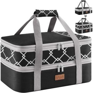 Lifewit Insulated Double Decker Casserole Carrier, Expandable Lasagna Lugger Tote Bag for Hot or Cold Food, Fits 9″ x 13″ Baking Dish for Potluck Parties, Picnic and Cookouts, Grey(Black-Geometric)