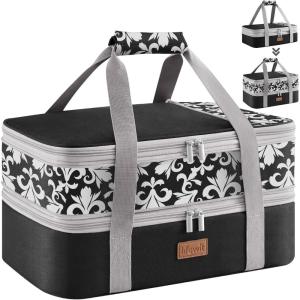 Lifewit Insulated Double Decker Casserole Carrier, Expandable Lasagna Lugger Tote Bag for Hot or Cold Food, Fits 9″ x 13″ Baking Dish for Potluck Parties, Picnic and Cookouts, Grey(Black-Flowers)