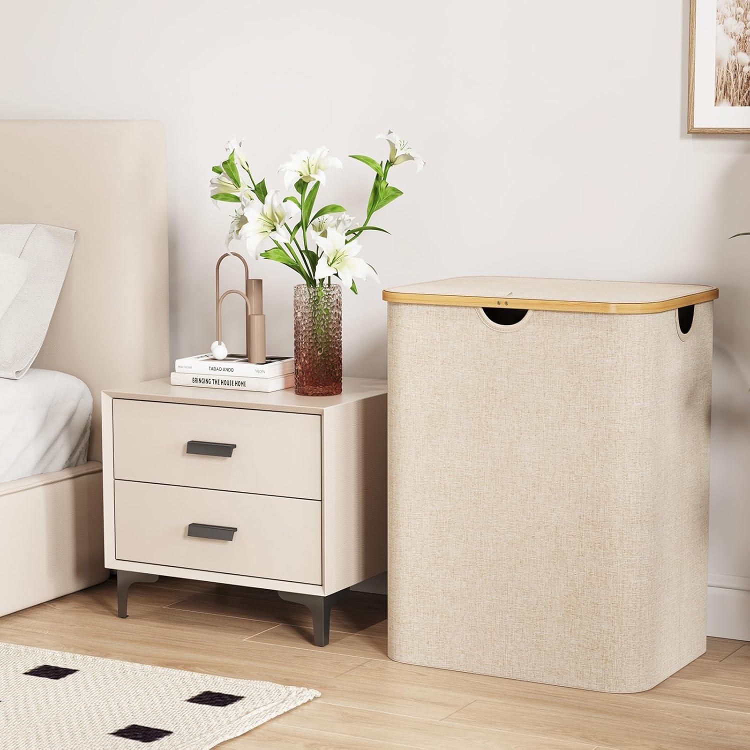 image:imageLifewit 100L Laundry Basket with Lid Clothes Hampers for Laundry with Bamboo Handles and A Removable Bag Large Foldable Laundry Hamper for Bedroom Bathroom Dorm Laundry Room BeigeBeige