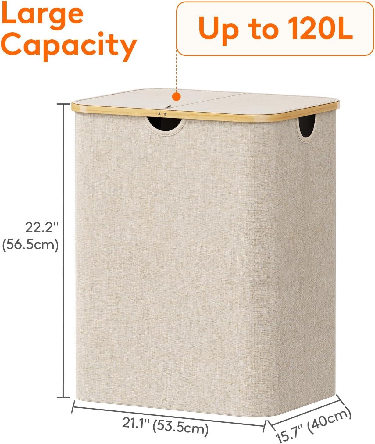 image:imageLifewit 100L Laundry Basket with Lid Clothes Hampers for Laundry with Bamboo Handles and A Removable Bag Large Foldable Laundry Hamper for Bedroom Bathroom Dorm Laundry Room BeigeBeige