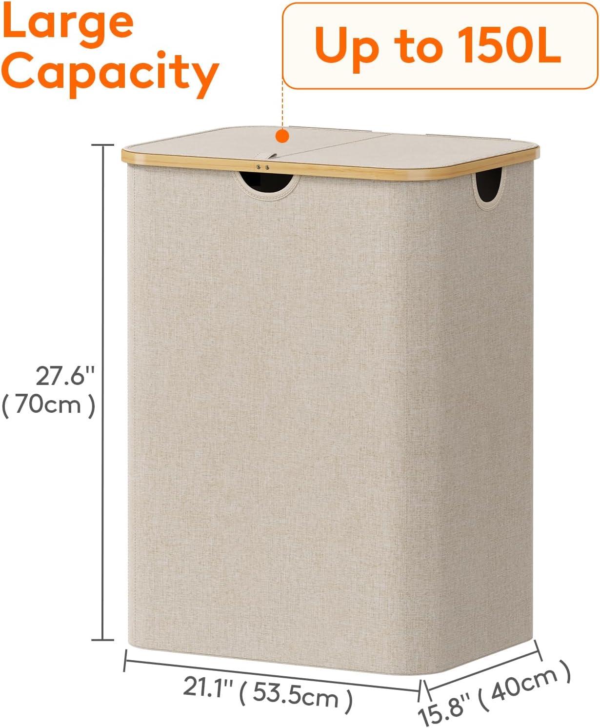 image:imageLifewit 100L Laundry Basket with Lid Clothes Hampers for Laundry with Bamboo Handles and A Removable Bag Large Foldable Laundry Hamper for Bedroom Bathroom Dorm Laundry Room BeigeBeige