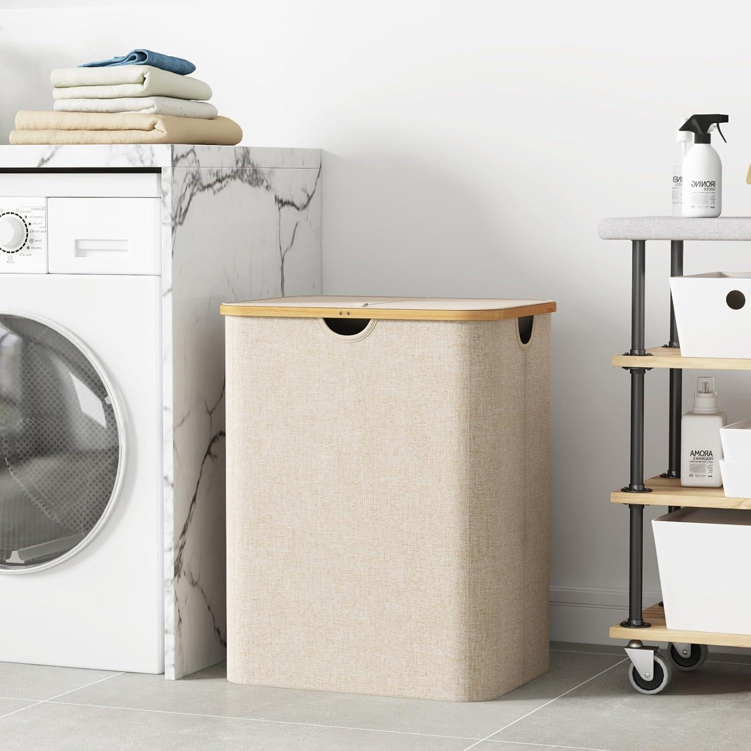 image:imageLifewit 100L Laundry Basket with Lid Clothes Hampers for Laundry with Bamboo Handles and A Removable Bag Large Foldable Laundry Hamper for Bedroom Bathroom Dorm Laundry Room BeigeBeige