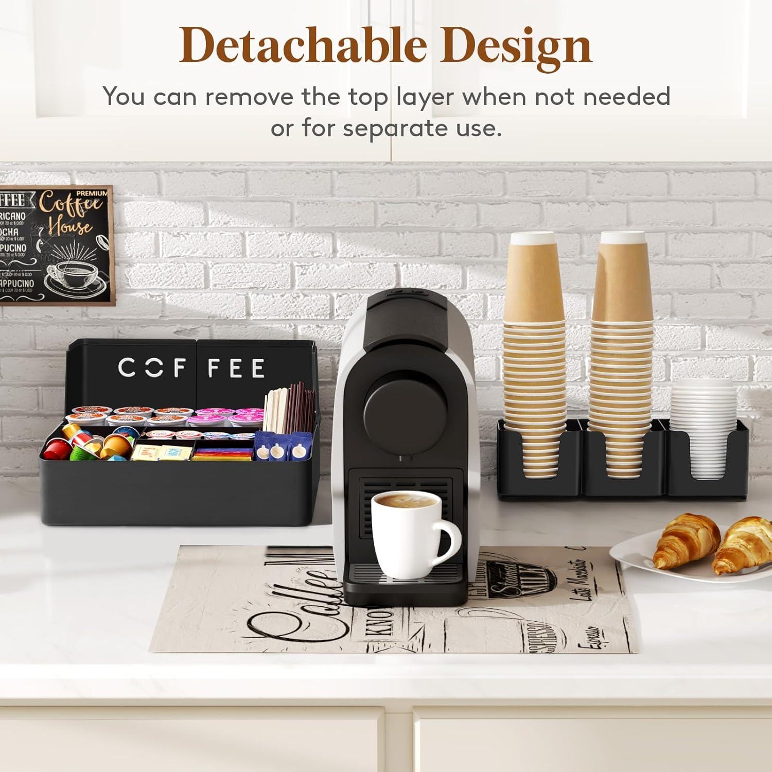 image:imageLifewit 2tier Coffee Station Organizer Caddy for Countertop 10 Compartments Coffee Bar Organizers for Cups Pods Sugar Compact Condiment Holders Storage for Office Breakroom Kitchen Home Black
