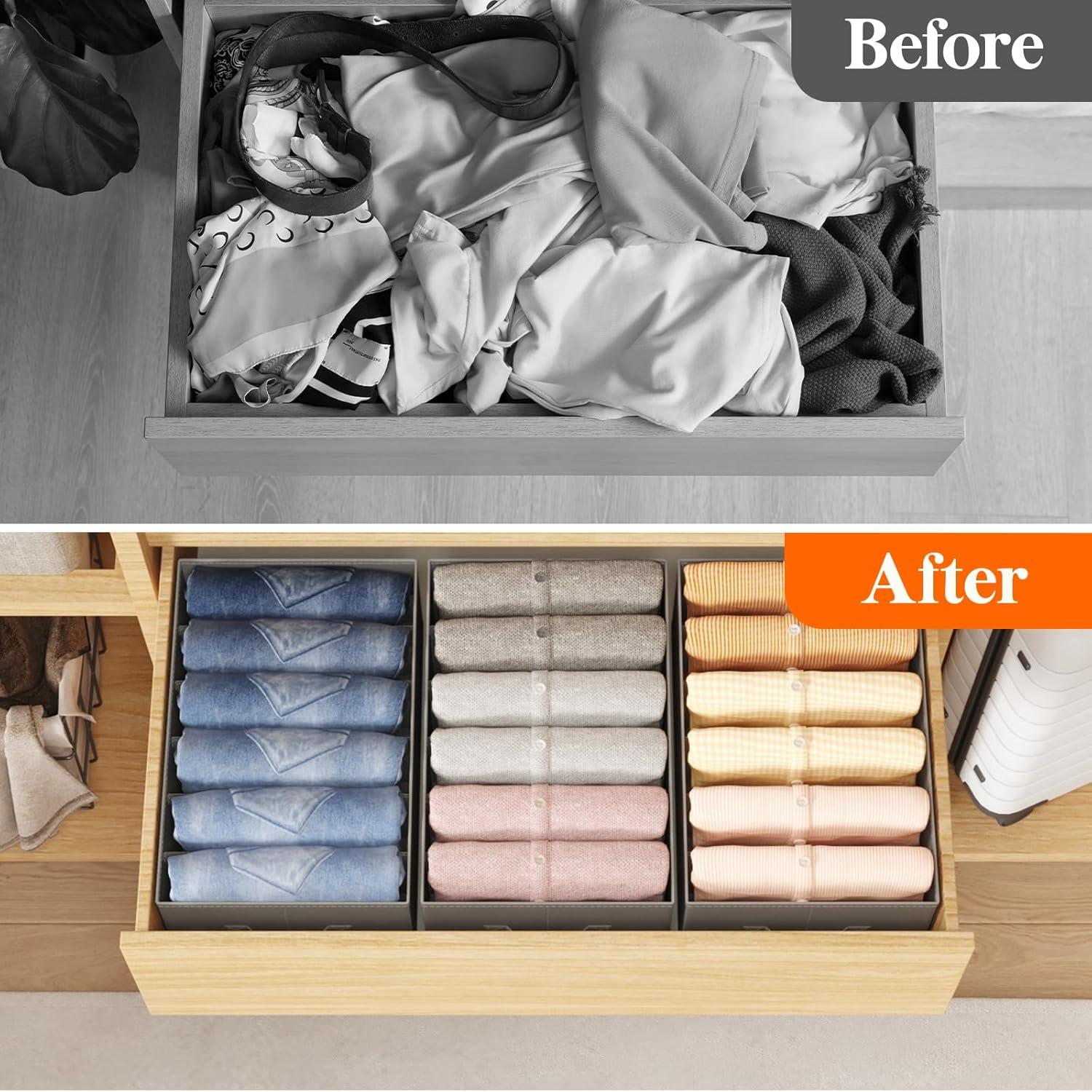 image:imageLifewit 3 Pack Clothes Organizer 6 Grids Closet Jean Storage Bins with Handles and Support Boards Foldable Drawer Organizer for Sweater Pants Tshirt Dress Grey Size 165x106x714