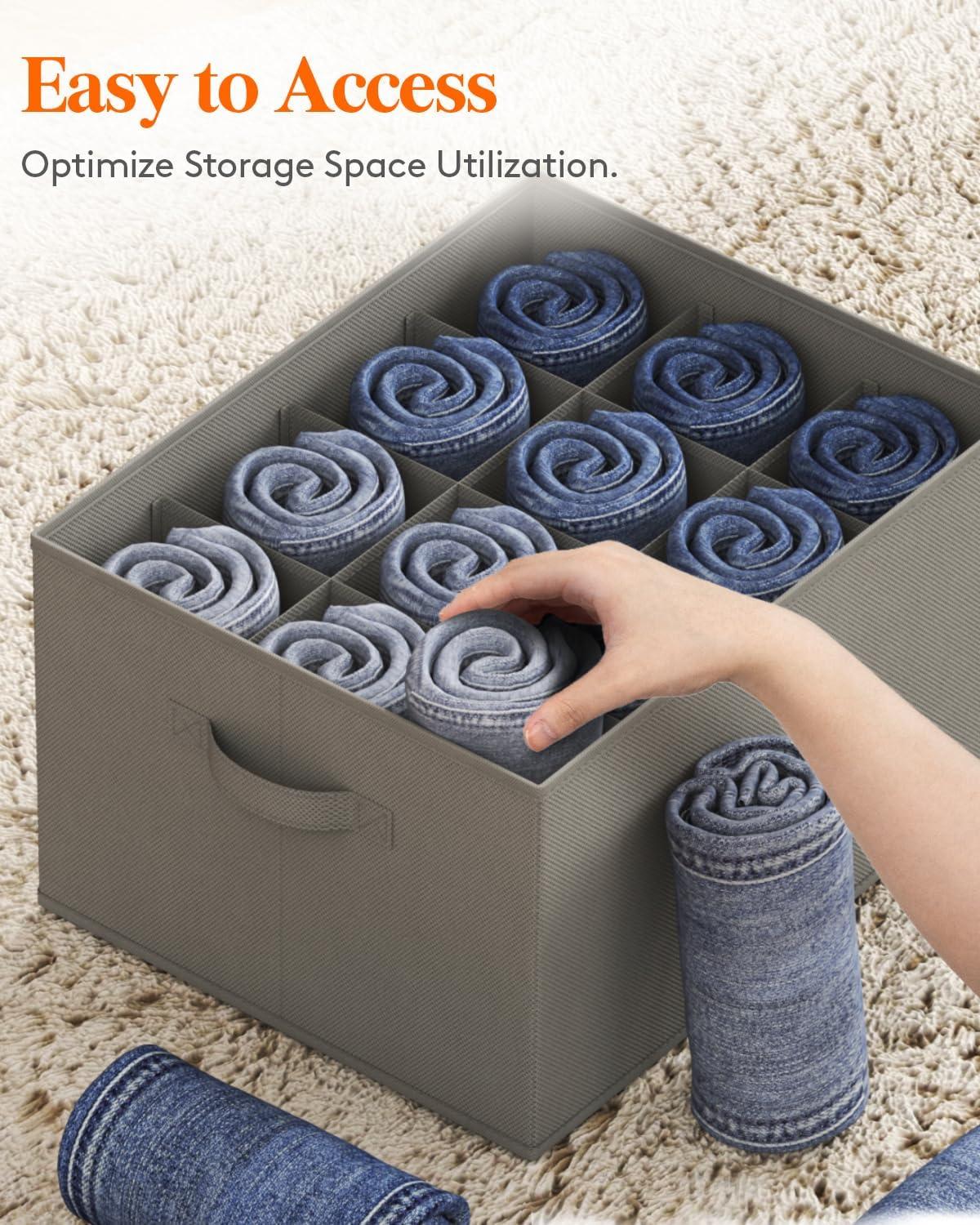 image:imageLifewit 3 Pack Clothes Organizer 6 Grids Closet Jean Storage Bins with Handles and Support Boards Foldable Drawer Organizer for Sweater Pants Tshirt Dress Grey Size 165x106x716