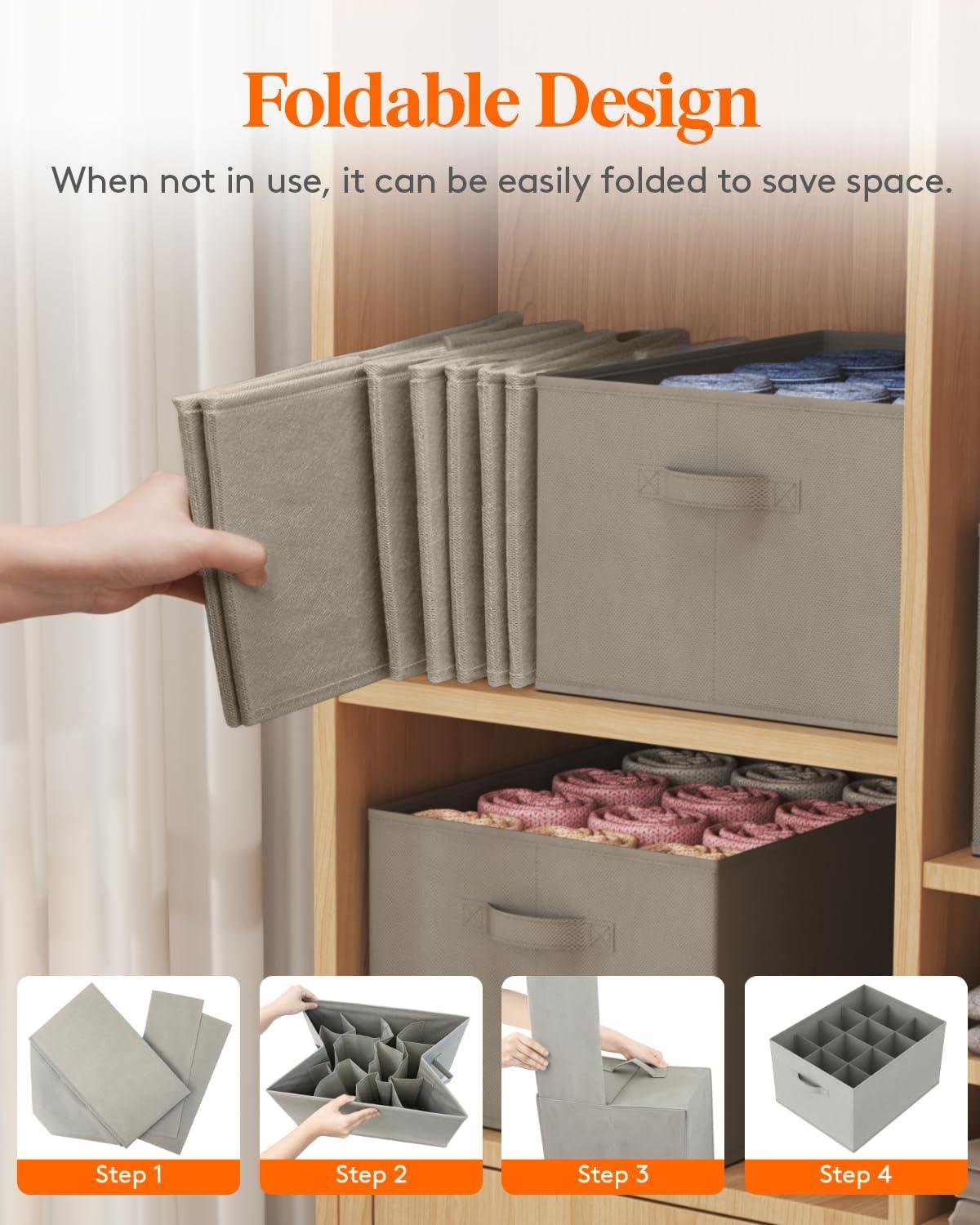 image:imageLifewit 3 Pack Clothes Organizer 6 Grids Closet Jean Storage Bins with Handles and Support Boards Foldable Drawer Organizer for Sweater Pants Tshirt Dress Grey Size 165x106x716
