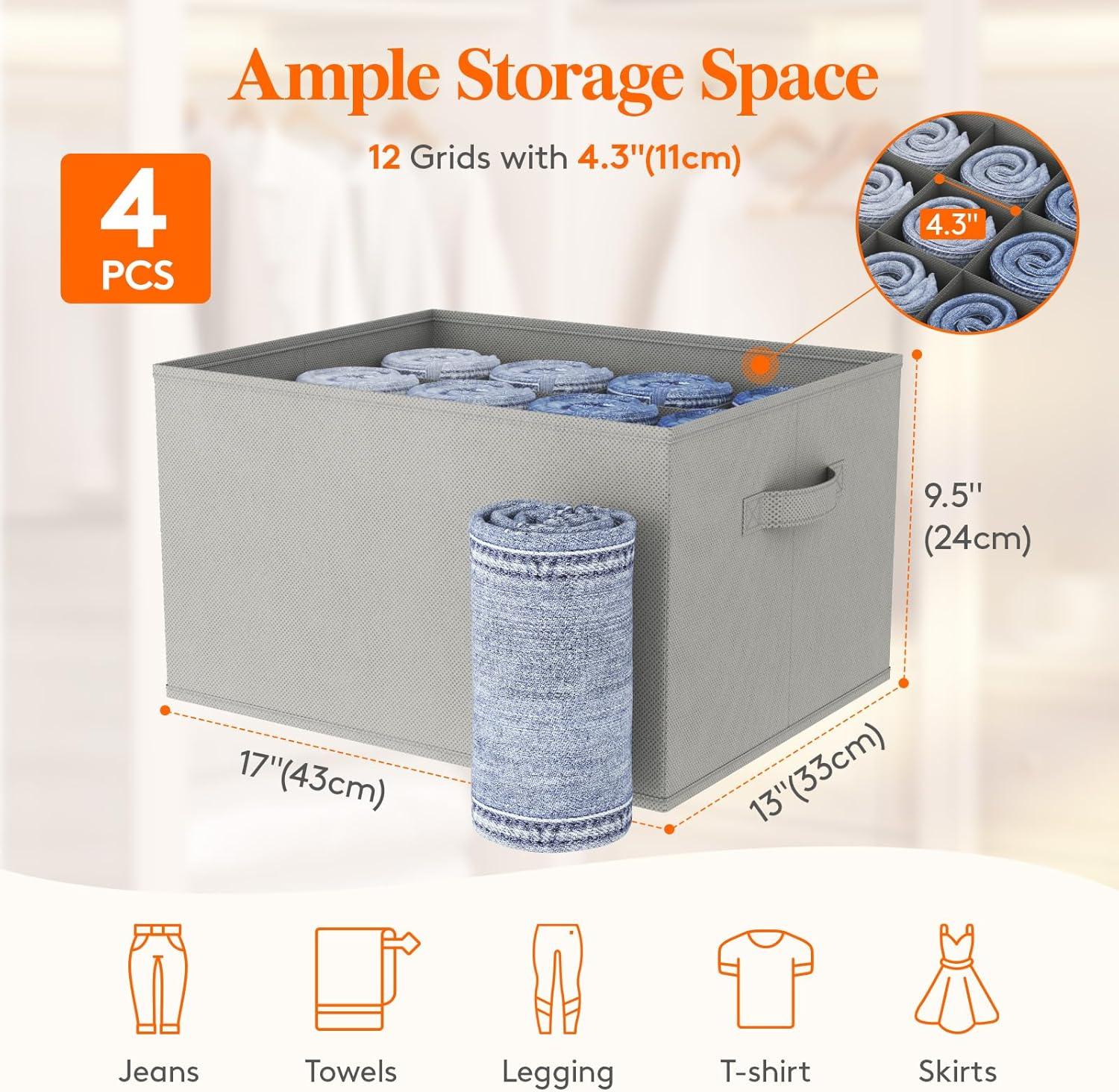 image:imageLifewit 3 Pack Clothes Organizer 6 Grids Closet Jean Storage Bins with Handles and Support Boards Foldable Drawer Organizer for Sweater Pants Tshirt Dress Grey Size 165x106x714