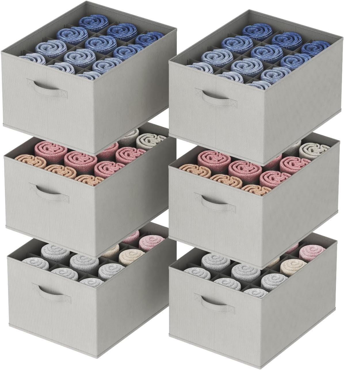 image:imageLifewit 3 Pack Clothes Organizer 6 Grids Closet Jean Storage Bins with Handles and Support Boards Foldable Drawer Organizer for Sweater Pants Tshirt Dress Grey Size 165x106x716