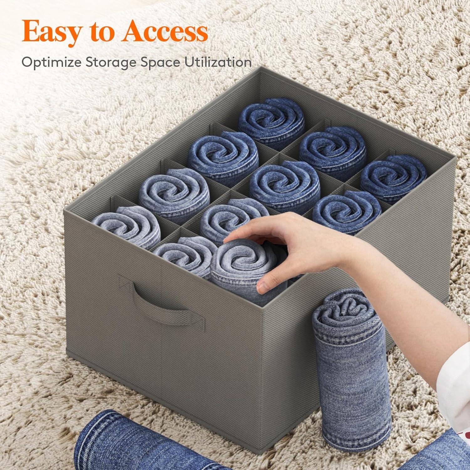 image:imageLifewit 3 Pack Clothes Organizer 6 Grids Closet Jean Storage Bins with Handles and Support Boards Foldable Drawer Organizer for Sweater Pants Tshirt Dress Grey Size 165x106x714