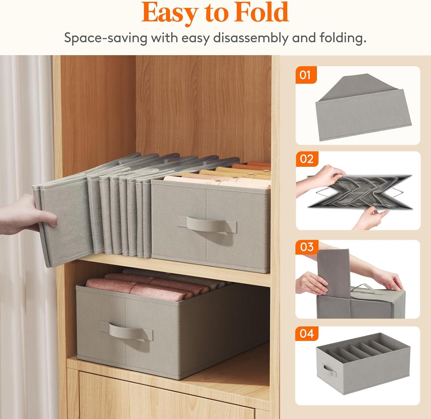 image:imageLifewit 3 Pack Clothes Organizer 6 Grids Closet Jean Storage Bins with Handles and Support Boards Foldable Drawer Organizer for Sweater Pants Tshirt Dress Grey Size 165x106x714
