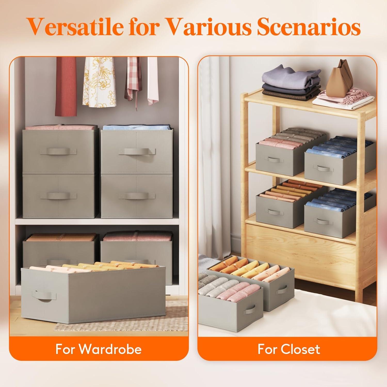 image:imageLifewit 3 Pack Clothes Organizer 6 Grids Closet Jean Storage Bins with Handles and Support Boards Foldable Drawer Organizer for Sweater Pants Tshirt Dress Grey Size 165x106x714