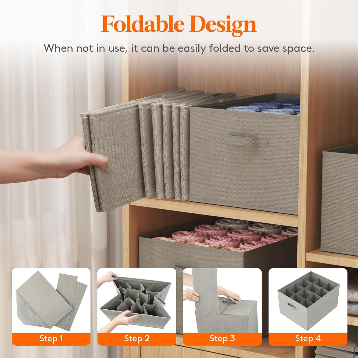 image:imageLifewit 3 Pack Clothes Organizer 6 Grids Closet Jean Storage Bins with Handles and Support Boards Foldable Drawer Organizer for Sweater Pants Tshirt Dress Grey Size 165x106x714